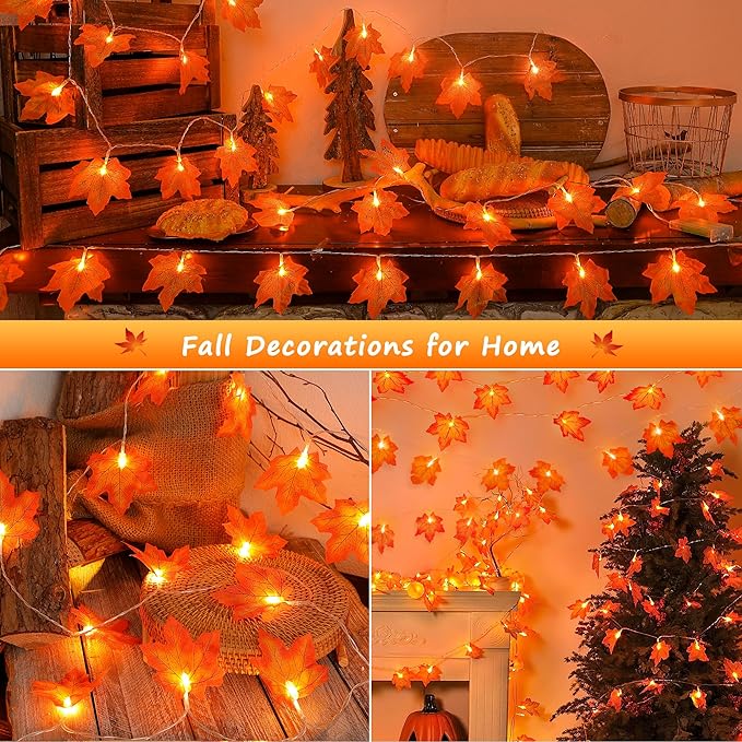 2 Pack Fall Decorations for Home,Fall Lights Battery Operated,Total 20FT 40 Led Maple Leaf Garland with Lights String for Halloween Thanksgiving Autumn Harvest Friendsgiving Indoor Outdoor