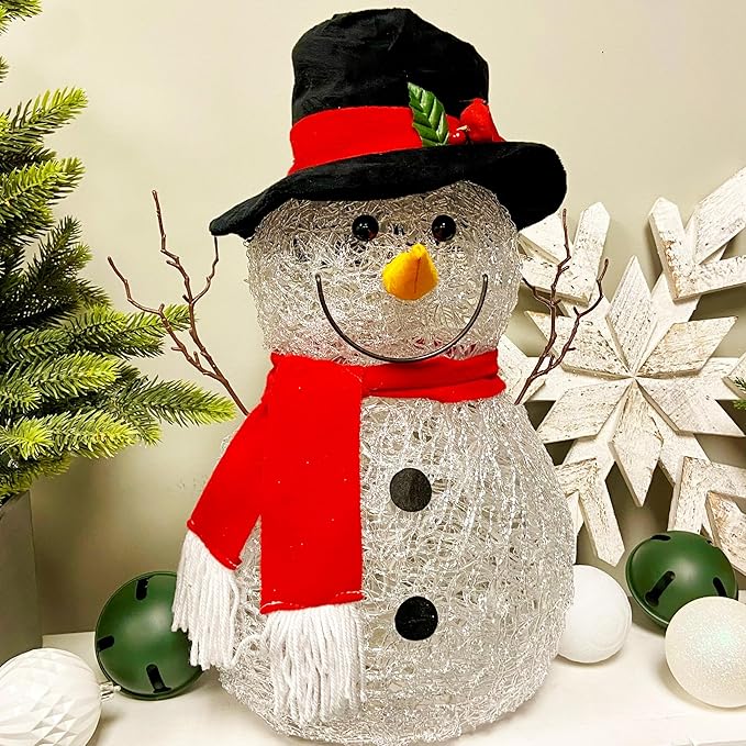 Haute Decor 13 Inch Tall Spun Acrylic Snowman with LED Lights, Battery Operated with Built-in Timer - Christmas Holiday Decoration for Mantel, Tabletop, Counter, Entryway, Art Nook