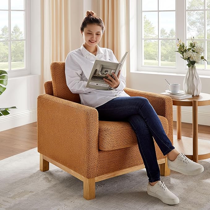 VANOMi Accent Chair 29.5" Reading Chair, Modern Living Room Chair with Thick Cushion&Wood Base, Comfy Upholstered Boucle Armchair, Single Sofa for Bedroom, Office, Curry