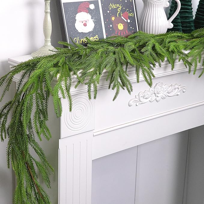 2 Pcs Christmas Norfolk Pine Garland, 6 Ft Dense Norfolk Pine Realistic Touch Garland, Artificial Pines Greenery Garlands for Christmas Holiday Mantle Fireplace Table Home Decor