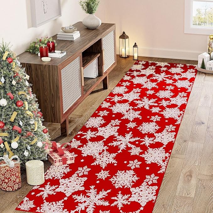 Red Runner Rug 2x6 Christmas Hallway Carpet Snowflake Washable Bedroom Carpet Xmas Holiday Decor Non Slip Kitchen Mat Indoor Decorative Throw Rug Dining Room Laundry Room Living Room