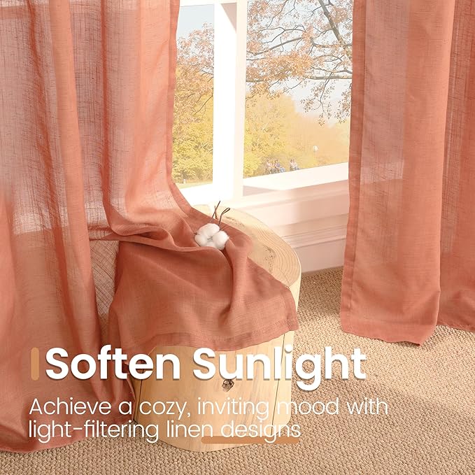 BGment Linen Short Curtains 40 Inch Length for Window, Terracotta Drapes for Kitchen Cafe Over Sink Bathroom Decor Rod Pocket Rustic Textured Lightweight Semi Sheer, 2 Panels Set, Each 30 Inch Wide