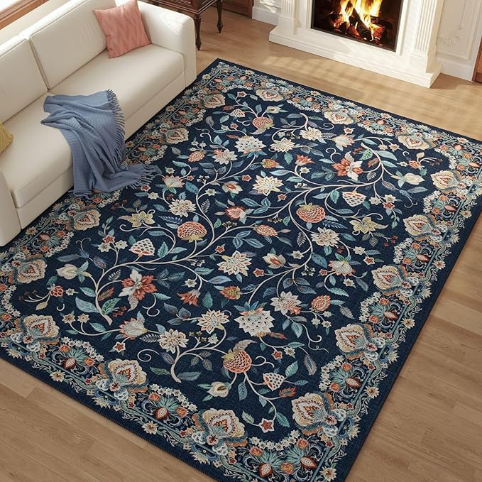Rugcomf Vintage Paisley Rugs for Living Room 5'x7' - Machine Washable Area Rug, Non-Slip Low Pile Floral Carpet for Bedroom, Dining Room, Farmhouse, Office, Kids Playroom - Blue