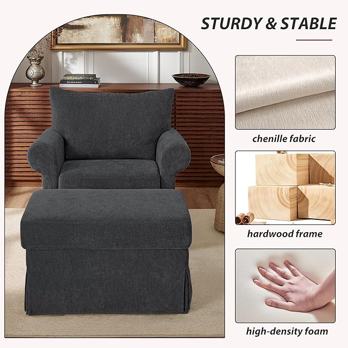 Modern Living Room Chairs with Ottoman, Comfy Chenille Reading Armchair with Rolled Arms and Cushion Backrest, 35.8" W Oversized Chaise Lounge Chair for Bedroom, Study, Apartment, Grey