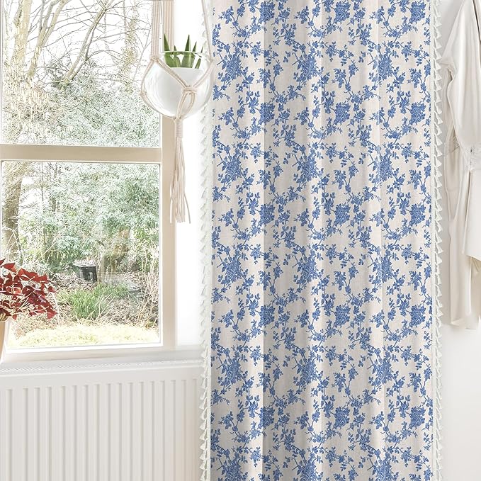 Vintage Blue Floral Curtains for Living Room 63 Inch Length Linen Blue Toile Curtain Rod Pocket French Country Drapes with Tassel Bedroom Window Curtain Set 2 Panels