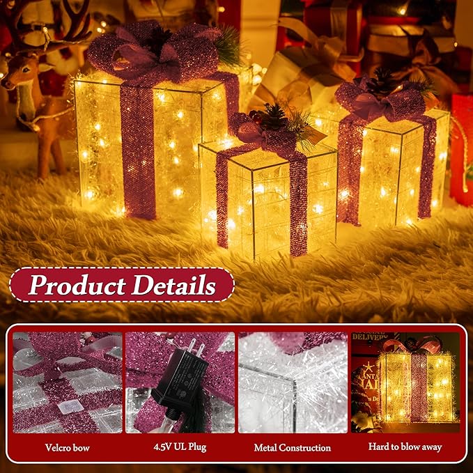 Christmas Decorations, Set of 3 Christmas Lighted Gift Boxes, Pre-lit 60 LED Light Up Present Boxes Warm White Ornaments for Indoor Outdoor Yard Lawn Home Wedding Decor (Pink Bow)