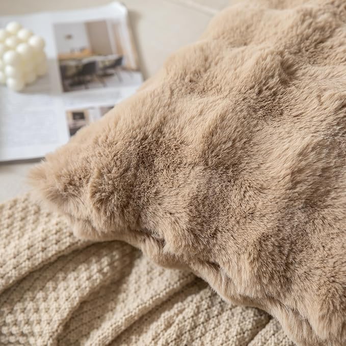 Pack of 2 Thick Plush Throw Pillow Covers Fluffy Wave Faux Fur Decorative Cushion Covers Soft Wool Pillowcase for Sofa Couch Livingroom 12x20 Inch Camel