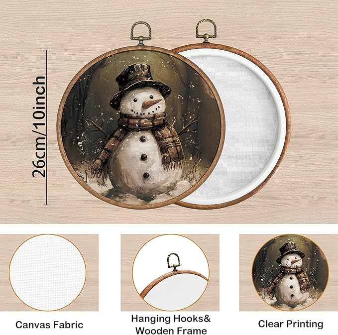 KSDUT Vintage Snowman Wall Decor Art - Retro Christmas Winter Wall Art Canvas Frame Hanging Prints, Merry Xmas Holiday Round Wall Art Decor for Home Farmhouse Decorations 10"x10"