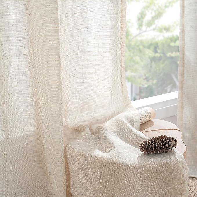 BGment Oatmeal Linen Curtains 40 Inch Length for Short Kitchen Window - Semi Sheer Small Drapes Textured Light Filtering with Rod Pocket for Cafe Bathroom Lightweight, 2 Panels Set, 42 X 40 Inch