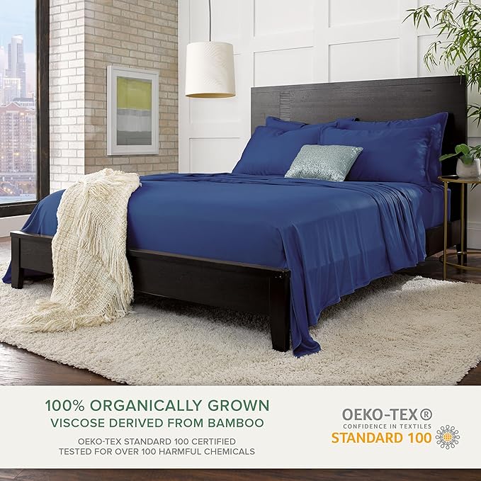 Split King Sheets by Pure Bamboo, Genuine 100% Organic Viscose Derived from Bamboo Bed Sheet Set, Soft & Cooling, Double Stitching *Not for Split Top (Split King, Cobalt Blue)
