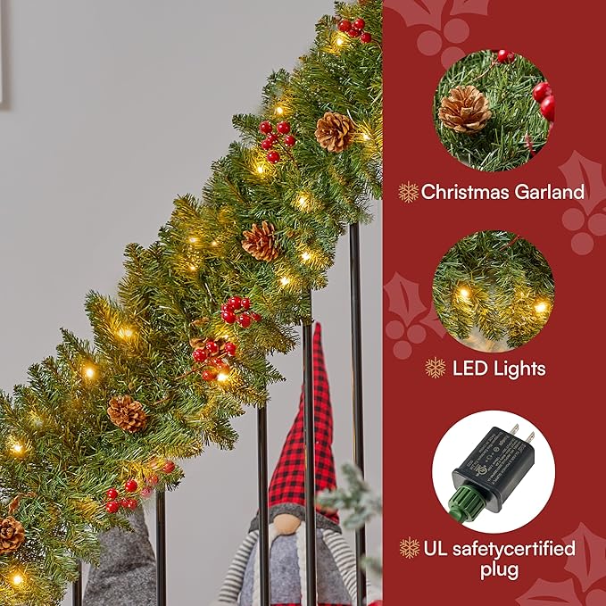 Joiedomi 9 FT Artificial Christmas Garland Prelit with 50 Count Warm White String Lights, Pine Cones and Red Berries for Christmas Holiday Xmas Season Decorations, Plug in Lighted Pine Garland