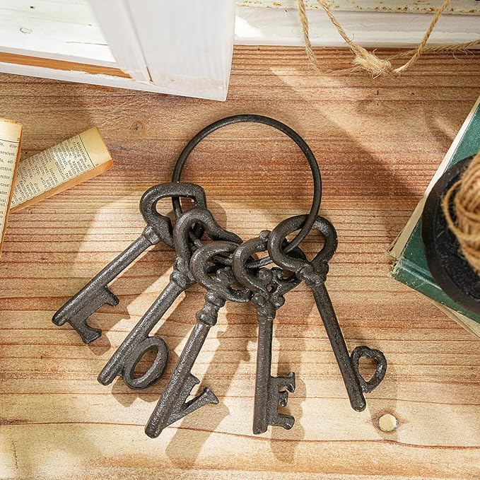 Sungmor Vintage Cast Iron Decorative Keys - Rustic Key Wall Decor, Farmhouse Metal Key Ring Accent - LOVE Word Design with Antique Skeleton Keys, Gift for Home & Garden, Halloween Prop