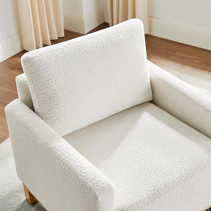 Accent Chair 29.5" Reading Chair, Modern Living Room Chair with Thick Cushion&Wood Base, Comfy Upholstered Boucle Armchair, Single Sofa for Bedroom, Office, White