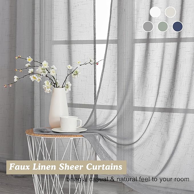Aiyufeng Gray Faux Linen Sheer Curtains 96 Inches Long 2 Panels, Light Filtering Textured Soft Rod Pocket Window Curtain Panels for Farmhouse Living Room Bedroom, Each 40Wx96L Inch, Grey