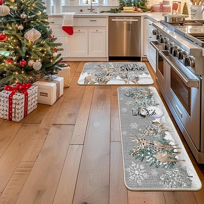 Artoid Mode Deer Tree Let It Sonw Snowflakes Christmas Kitchen Mats Set of 2, Winter Decor Low-Profile Kitchen Rugs for Floor - 24x35 and 24x59 Inch
