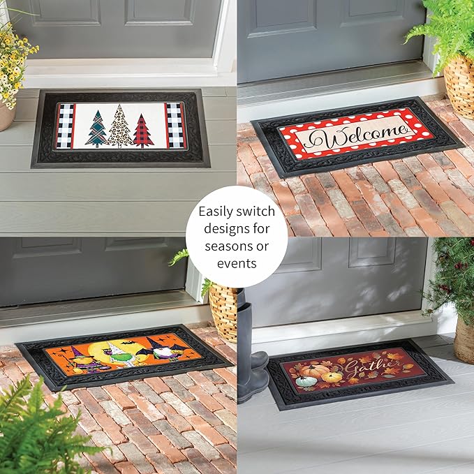 Evergreen Sassafras Fall Christmas Holiday Doormat Insert Bundle & Tray Set of 5, Interchangeable Entrance Door mats Indoor and Outdoor Welcome Mat 30 x 18 Tray Non Slip Backing Low Profile