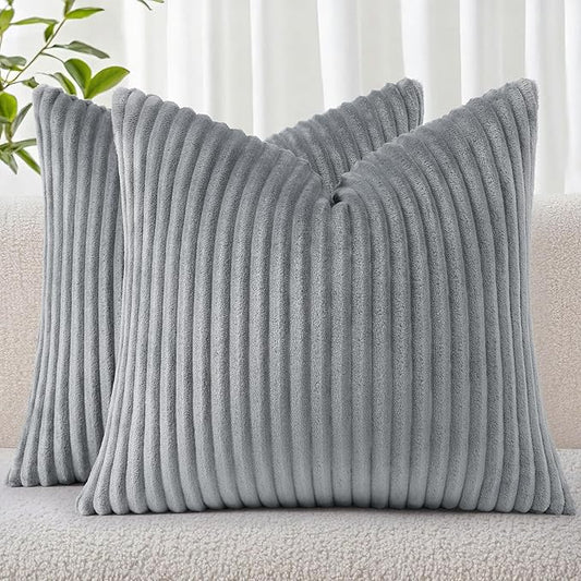 Simmore Decorative Fall Throw Pillow Covers 18x18 Set of 2, Soft Natural Plush Flannel Double-Sided Fluffy Couch Pillow Covers for Sofa Living Room, Grey