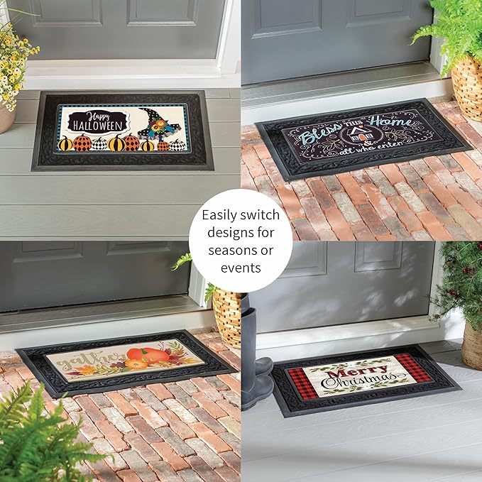 Evergreen Sassafras Fall Christmas Holiday Doormat Insert Bundle & Tray Set of 5, Interchangeable Entrance Door mats Indoor and Outdoor Welcome Mat 30 x 18 Tray Non Slip Backing Low Profile