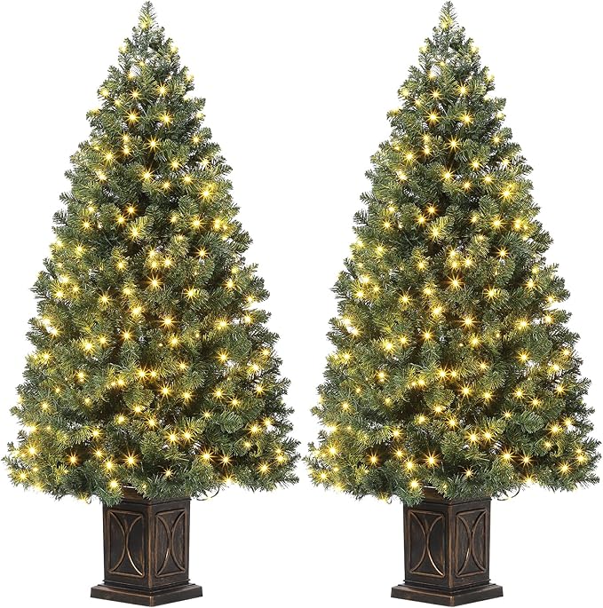 GarveeHome 4.5ft Green Christmas Tree, Pre-Lit Artificial Potted Xmas Tree with 300 Led Lights, 8 Lighting Modes, Black Base Design, Dense Branch Realistic Home Party Decoration w/Easy Assembly,2 PC