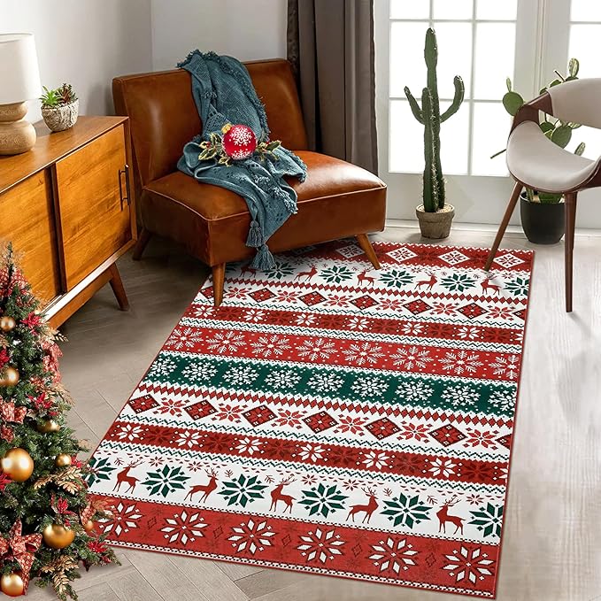 Large Living Room Area Rug 10x13 Christmas Rugs Boho Snowflakes Xmas Dining Room Throw Carpet Non Slip Low Pile Holiday Decor Area Rugs Stain Resistant Xmas Area Rugs for Beedroom Nursery, Red