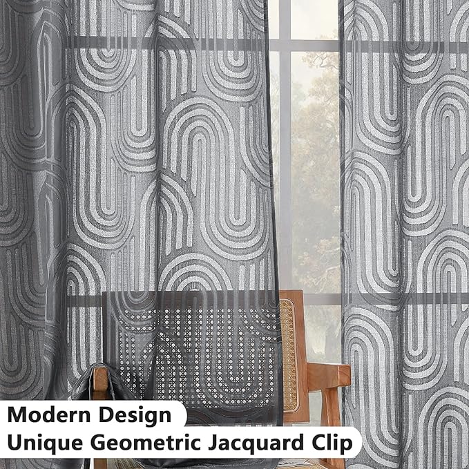Simplebrand Charcoal Grey Sheer Curtains 45 Inch Length 2 Panels, Geometric Mid Century Jacquard Clip Textured Short Curtains for Bedroom, Light Filtering Rod Pocket Curtains, 42Wx45L Inches
