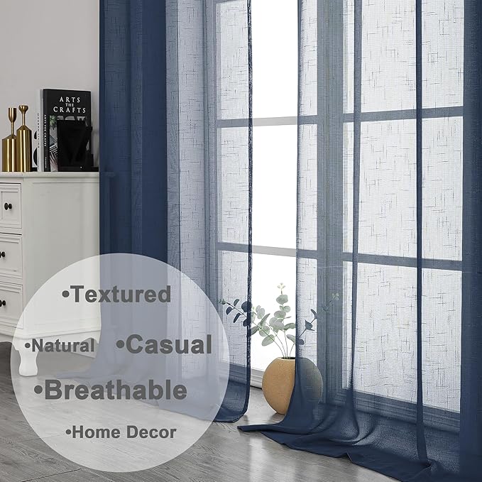 Aiyufeng Navy Blue Long Sheer Curtains - Slub Texture Semi Sheer Window Covering, Light & Airy Privacy Sheer Panels for Bedroom Living Room Patio Glass Door, 40 inch Width x 96 inch Length, Set of 2