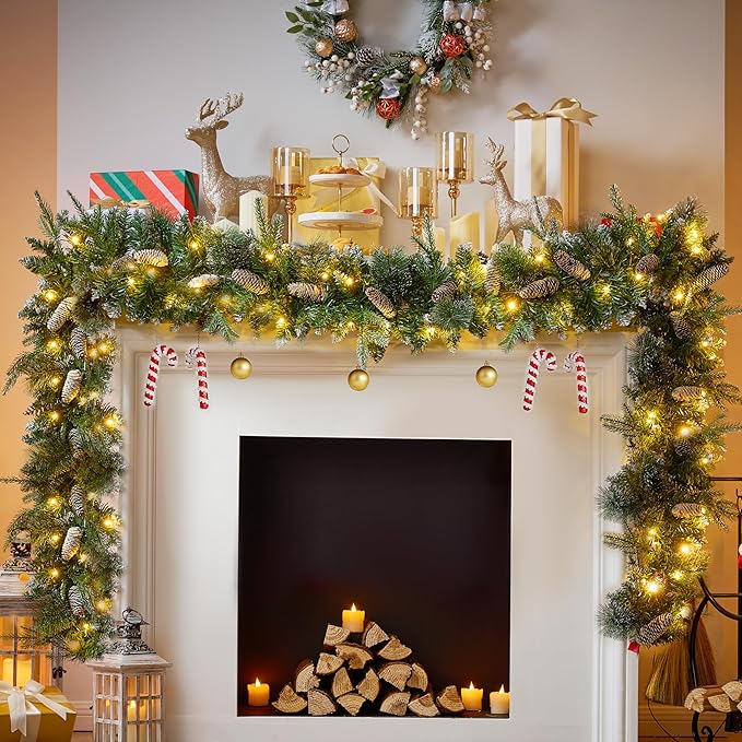 Joiedomi 9FT Christmas Flocked Garland (Cone) Pre Lit with 50 Count Warm White String Lights for Winter Christmas and Holidays, Decorated with Pine Cones, Plug in Lighted Pine Garland, Xmas Collection