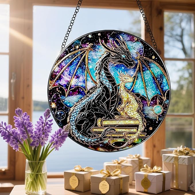 Stained Glass Window Hanging, 8 Inch Dragon Stained Glass Suncatcher, Sun Catchers Indoor Window, Suncatchers for Windows Hanging, Book Lover Christmas Ornament, Perfect for Bookworms