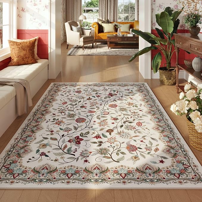 Rugcomf Vintage Paisley Rugs for Bedroom 4'x6' - Machine Washable Area Rug, Non-Slip Low Pile Floral Carpet for Girl/Boys Room, Living Room, Kids, Entry - Beige