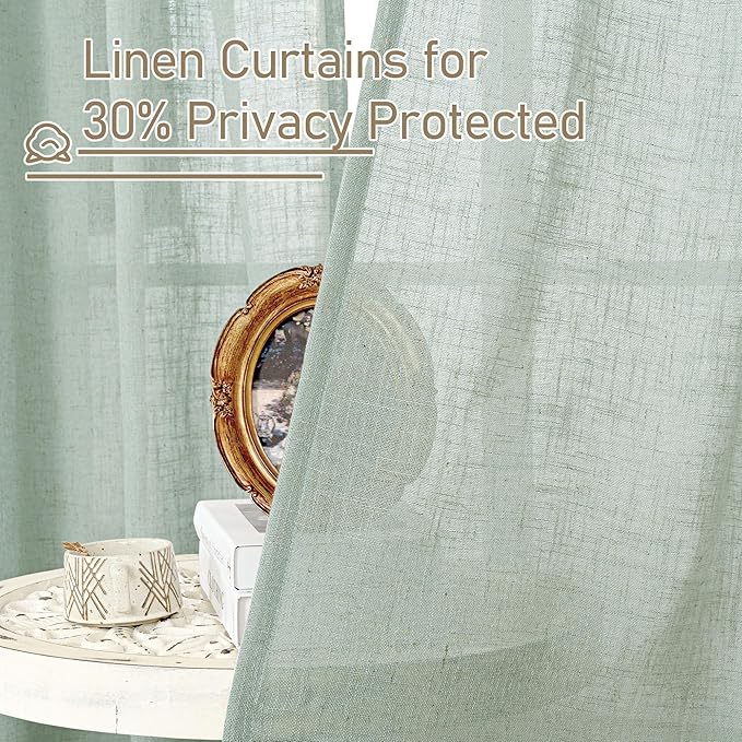 LAMIT 102 Inch Length Light Filtering Sheer Linen Curtains, Linen Textured Semi Sheer Back Tab and Rod Pocket Natural Boho Drapes for Living Room/Farmhouse, 2 Panels, Light Sage, 52 x 102 Inch