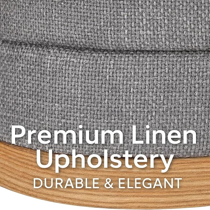 Round Ottoman with Storage โ Elegant Durable Linen Upholstered Footrest Bench for Living Room, Cylinder Vanity Stool โ Grey