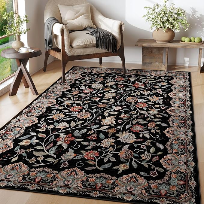 Rugcomf Vintage Paisley 3'x5' Area Rug - Machine Washable, Non-Slip Low Pile Small Floral Carpet for Bedroom, Bedside, Kitchen, Entryway, Kids/Girls Room, Office - Black