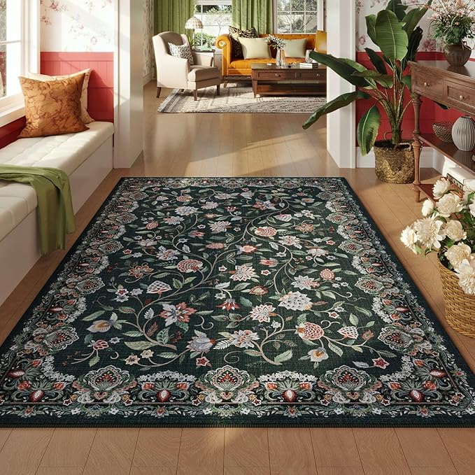 Rugcomf Vintage Paisley 3'x5' Area Rug - Machine Washable, Non-Slip Low Pile Small Floral Carpet for Bedroom, Bedside, Kitchen, Entryway, Kids/Girls Room, Office - Green