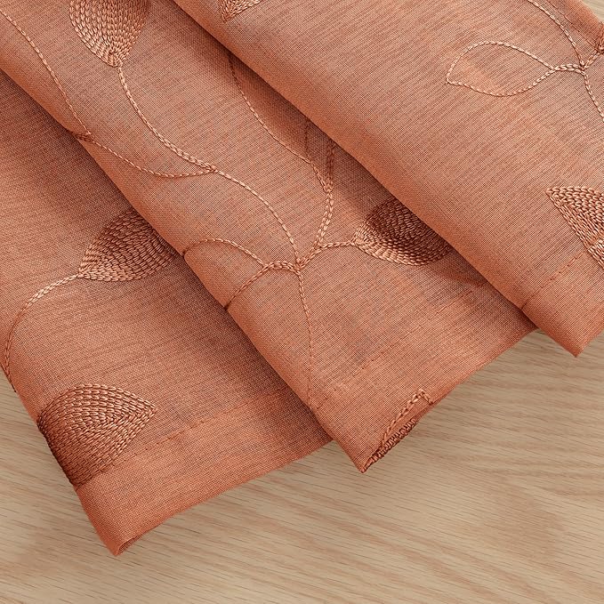 HOMEIDEAS Fall Burnt Orange Sheer Kitchen Curtains 30 X 36 Inch Length 2 Panels Embroidered Leaf Pattern Short Curtains for Small Window Valance Tiers