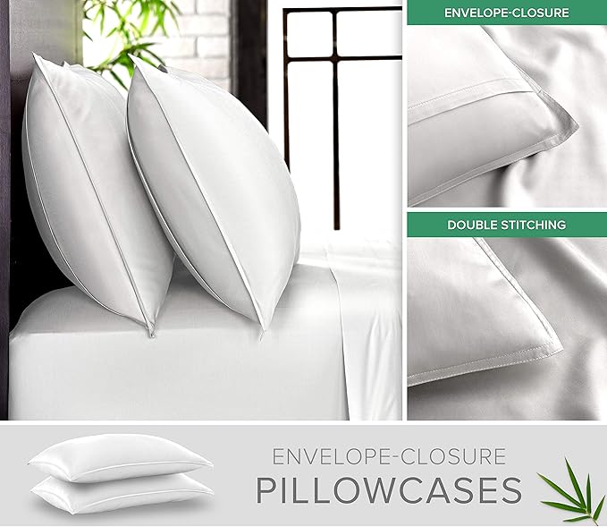 Pure Bamboo Queen Sheets, Genuine 100% Organic Viscose Derived from Bamboo Bed Sheet Set, Luxuriously Soft & Cooling, Double Stitching, 2 Year Quality Promise (Queen, White)
