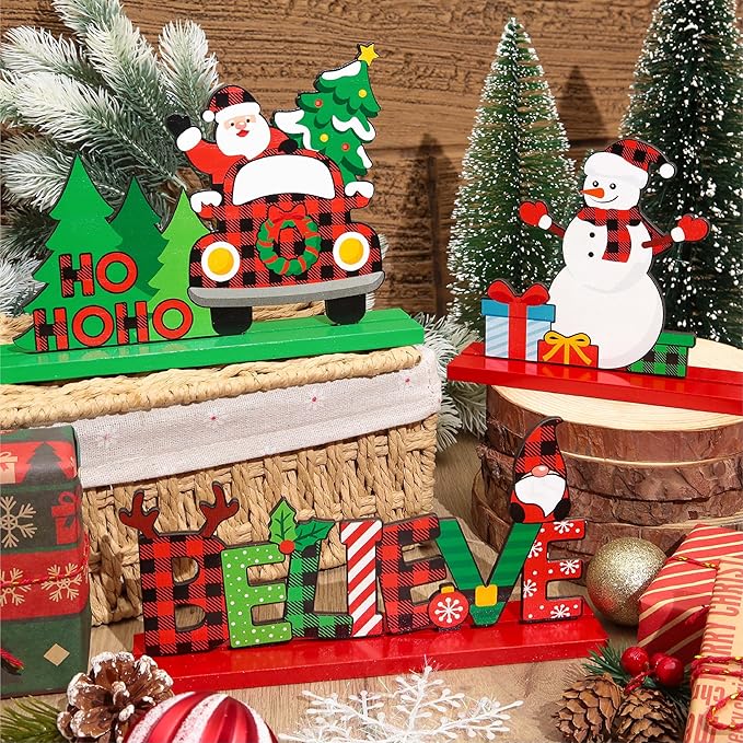 6PCS Wooden Christmas Decorations, Buffalo Plaid Table Decorations, Holiday Centerpiece Signs with Santa, Snowman, Gnome, Believe, Merry Christmas Designs for Festive Tabletop Display