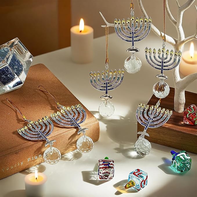 6 PCS Hanukkah Menorah Hanging Ornaments, Crystal Suncatchers for Christmas Tree, Halloween & Hanukkah Decorations, Window Suncatchers & Gift