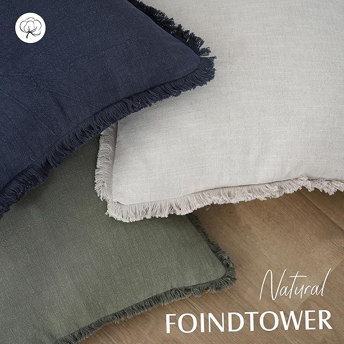 Foindtower Set of 2 Decorative Linen Fringe Throw Pillow Covers Cozy Boho Farmhouse Cushion Cover with Tassels Soft Accent Pillowcase for Couch Sofa Bed Living Room Home Decor, 16×16 Inch, Navy Blue
