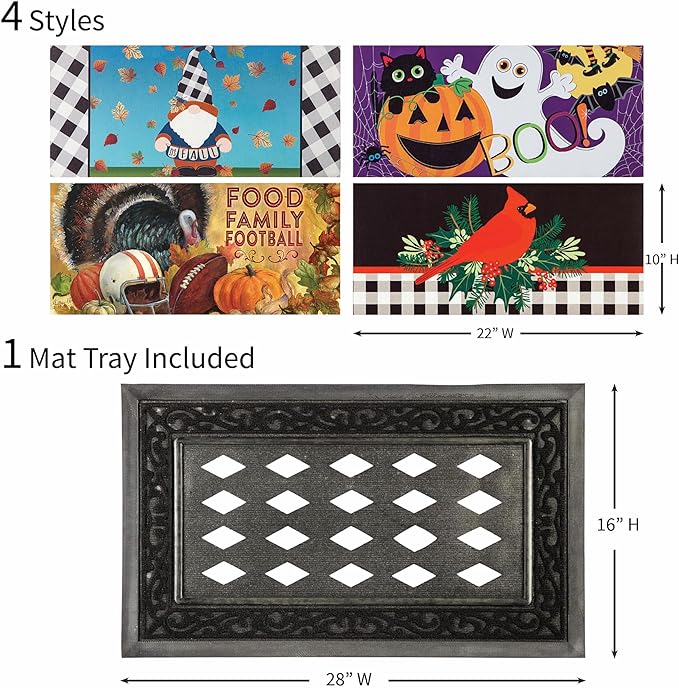 Evergreen Sassafras Fall Christmas Holiday Doormat Insert Bundle & Tray Set of 5, Interchangeable Entrance Door mats Indoor and Outdoor Welcome Mat 30 x 18 Tray Non Slip Backing Low Profile
