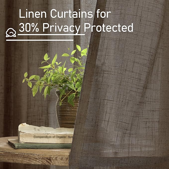 LAMIT 40 Inch Length Linen Curtains for Small Windows, Semi Sheer Light Filtering Panels Back Tab and Rod Pocket Neutral Drapes for Basement/Window/Loft Room, Dark Brown, 2 Panels, 34 x 40 Inch