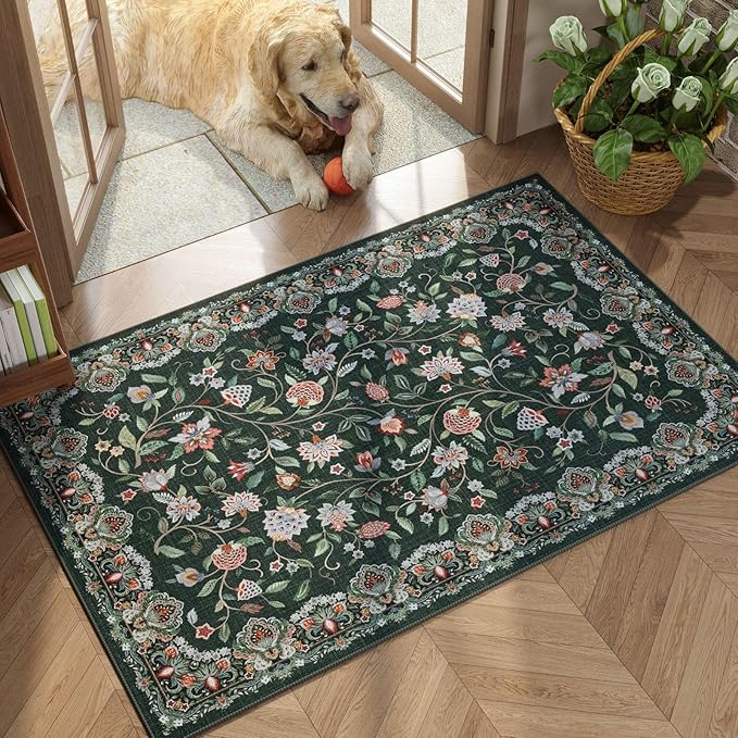 Rugcomf 2'x3' Entryway Rug - Paisley Pattern, Door Mat Indoor Entrance, Floral Vintage, Machine Washable, Non-Slip Low Pile Area Rug for Kitchen, Front Door, Kids Room - Green