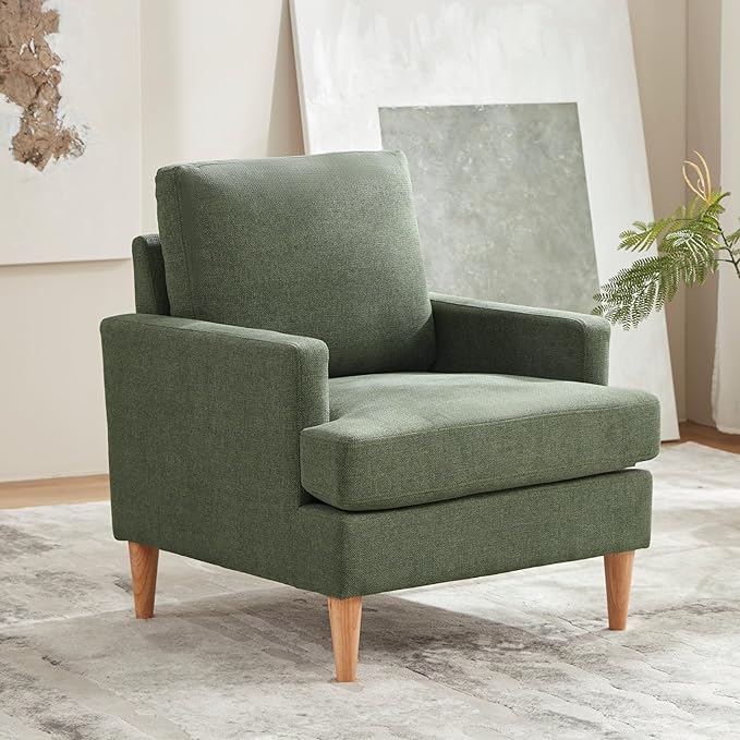 VKNOW Mid-Century Accent Chair, Modern Upholstered Armchair for Living Room,Comfy Reading Accent Chairs with Wood Legs for Bedroom, Green Polyester