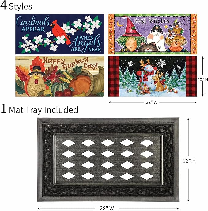 Evergreen Sassafras Fall Christmas Holiday Doormat Insert Bundle & Tray Set of 5, Interchangeable Entrance Door mats Indoor and Outdoor Welcome Mat 30 x 18 Tray Non Slip Backing Low Profile