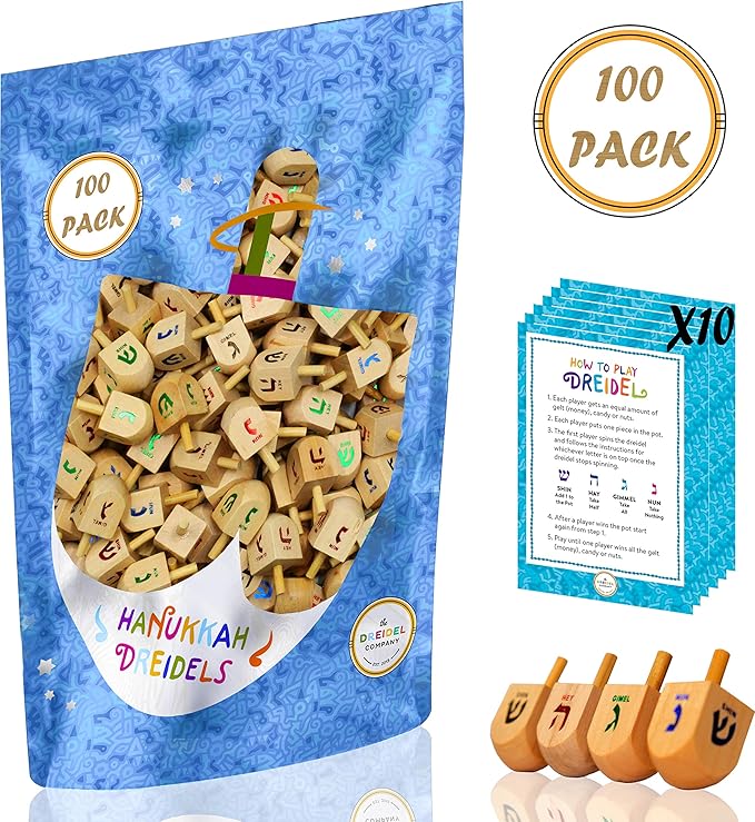 Natural Wood Dreidels Hanukkah Draydel with English Transliteration & Instruction Cards (100-Pack)