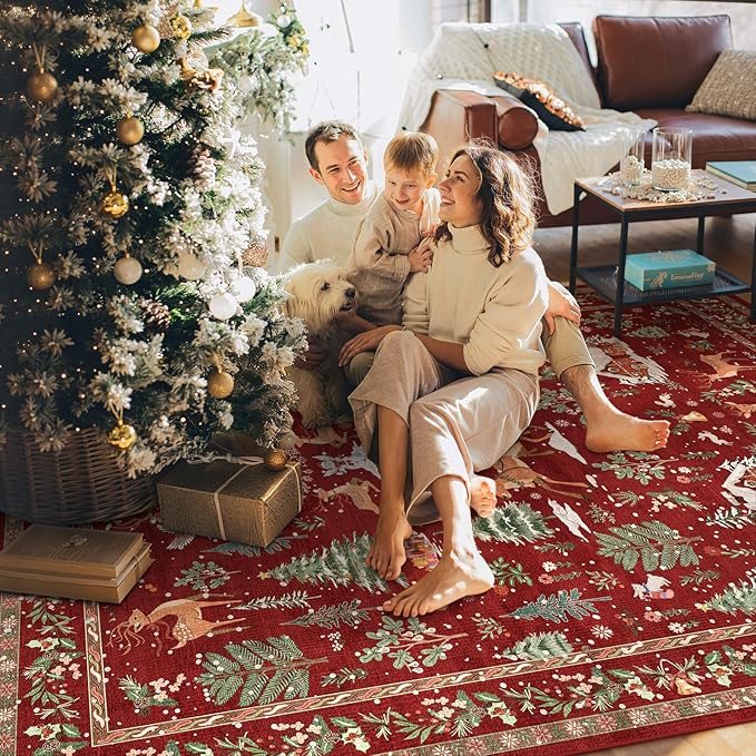Lahome Christmas Rug for Living Room, 8x10 Soft Large Rug for Bedroom, Christmas Tree Santa Claus Non Slip Washable Red Xmas Indoor Floor Carpet for Dining Room Holiday Decor