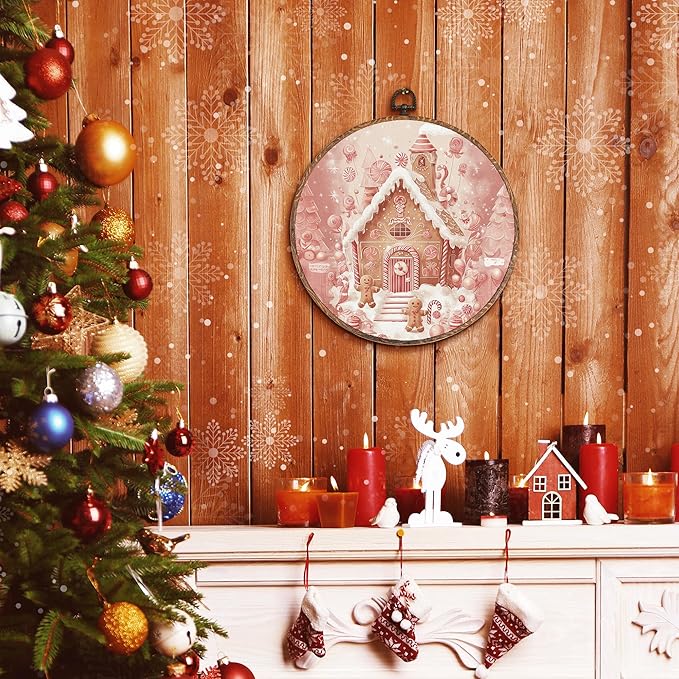 Hxlac Gingerbread House Christmas Round Wall Art Framed, Cottagecore Winter Christmas Round Wall Decor, Gingerbread Winter Hanging Canvas Prints Wall Sculptures for Home Living Room Decor, 10x10 Inch
