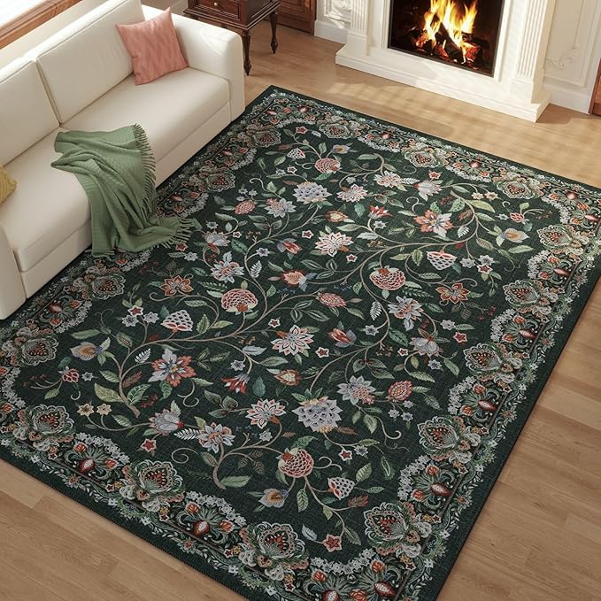 Rugcomf Vintage Paisley Rugs for Living Room 5'x7' - Machine Washable Area Rug, Non-Slip Low Pile Floral Carpet for Bedroom, Dining Room, Farmhouse, Office, Kids Playroom - Green