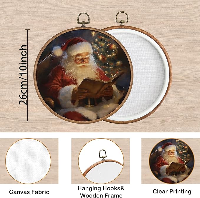 KSDUT Vintage Christmas Wall Decor Art - Retro Santa Claus Wall Art Canvas Frame Hanging Prints, Merry Christmas Xmas Holiday Round Wall Art Decor for Home Farmhouse Decorations 10"x10"