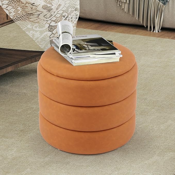 DAGONHIL Round Storage Ottoman PU Leather Footrest, Hidden Storage Ottoman Stool, Multi-Functional Coffee Table for Living Room, Bedroom, Entryway, Brown