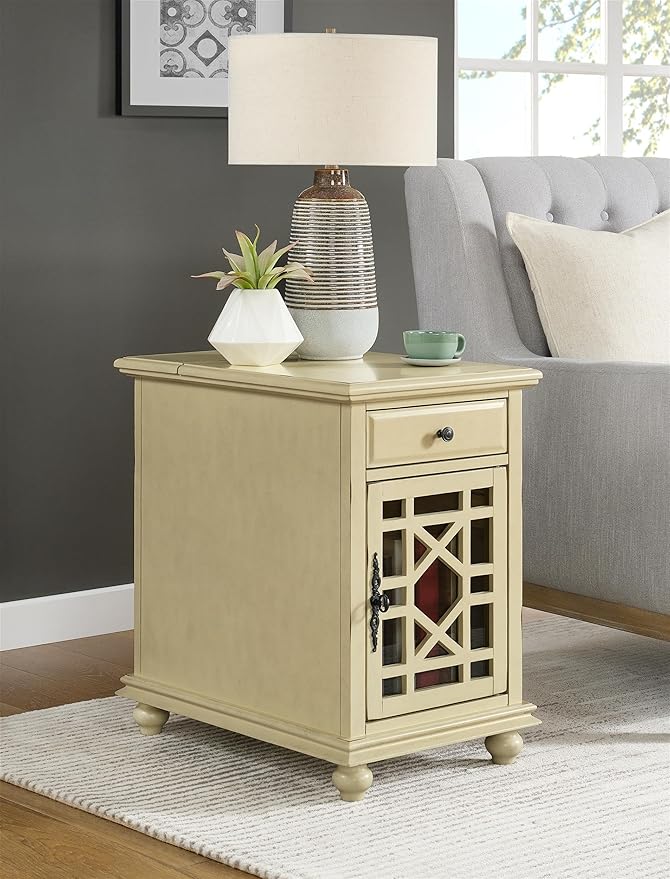Martin Svensson Home Elegant Chairside End Table with Power, Antique Cream White